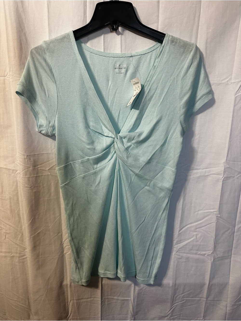 Express Light Blue Twist-Front Short Sleeve Top LARGE